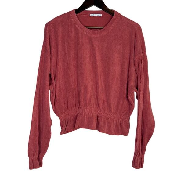 Zara Ruffle Gathered Top Elastic Waist Long Sleeve Stretch Sweater M Coral Pink - Picture 2 of 15